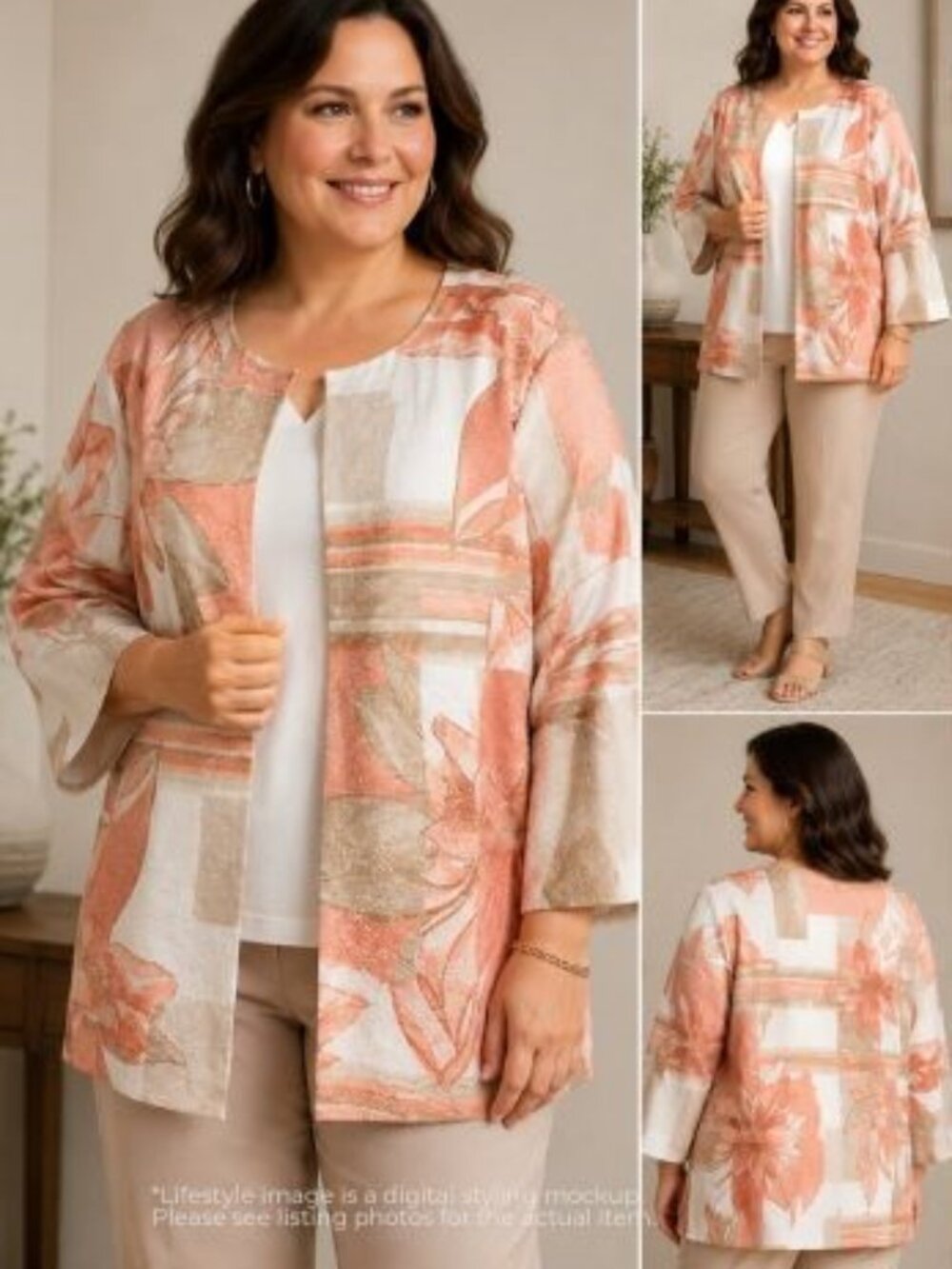 Alfred Dunner Women's 20W Open Front Jacket Coral Beige Floral Textured Lined Pl